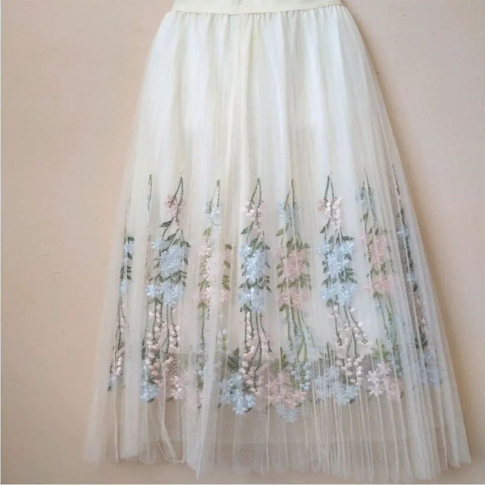 Moon Collection Off White Embroidered Boho Cottage Core Tulle Skirt